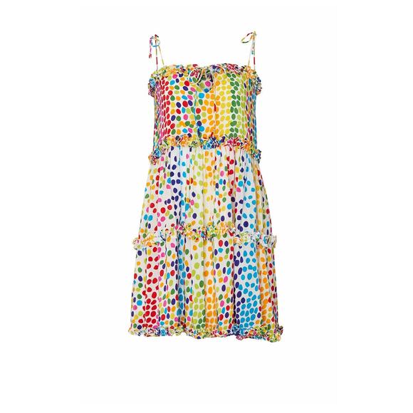 All Things Mochi Blessica Rainbow Polka Dot Print Tiered Silk Mini Dress Sz S - Picture 7 of 16